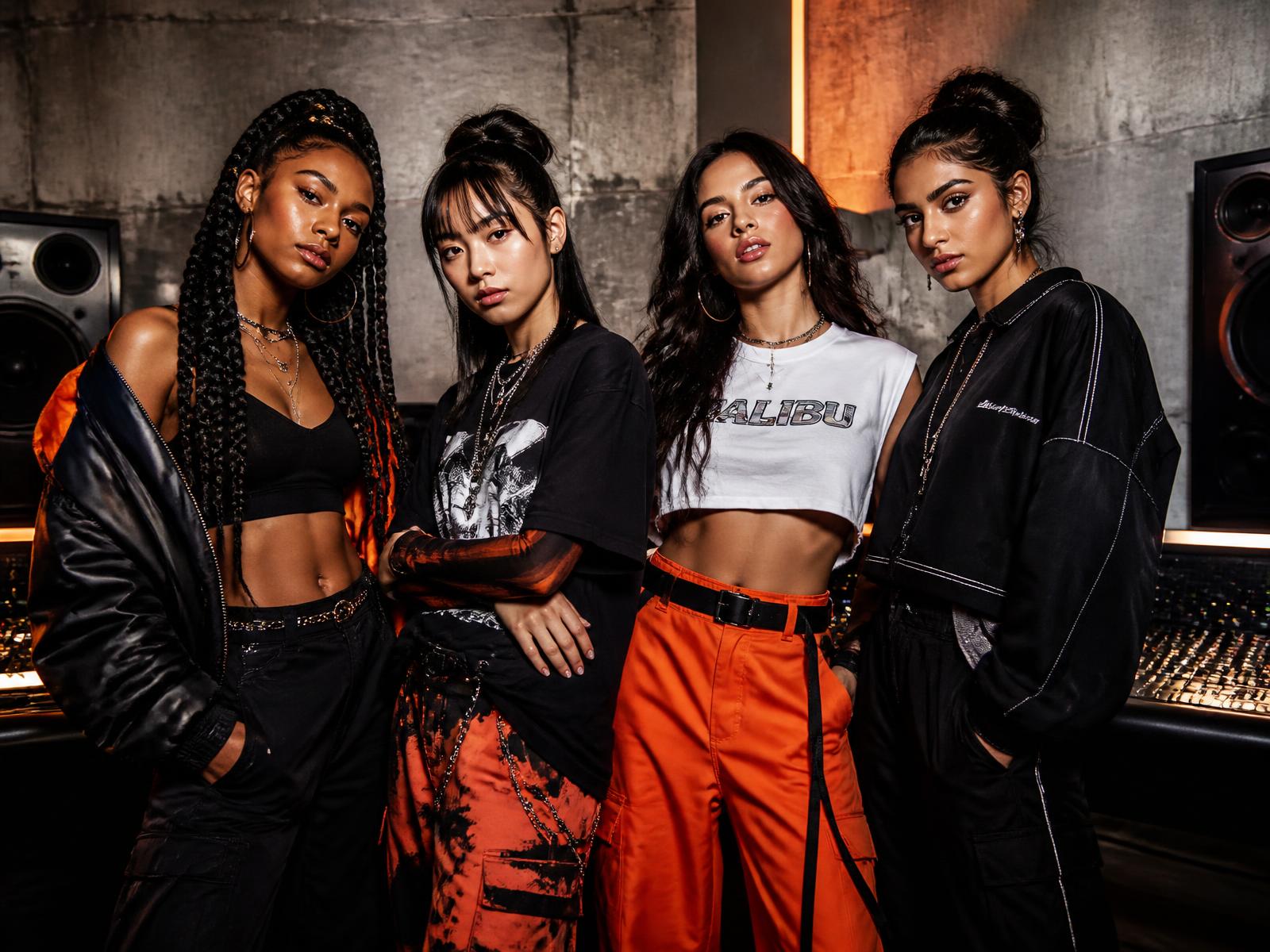 Global girl group of four independent artists in an AMFM studio session
